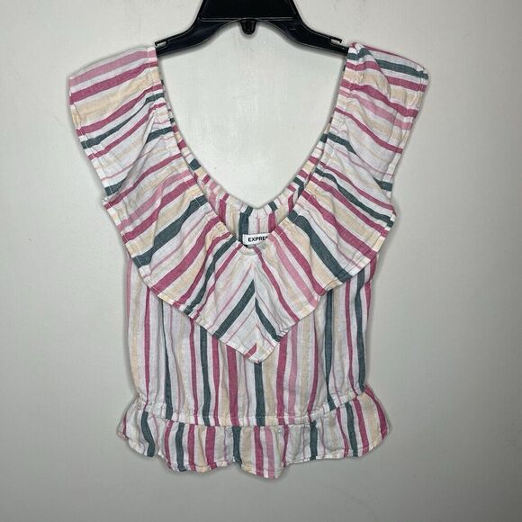 EXPRESS Top Women Small Striped Linen Cotton Crop Blouse Ruffle Sleeveless - Picture 1 of 11